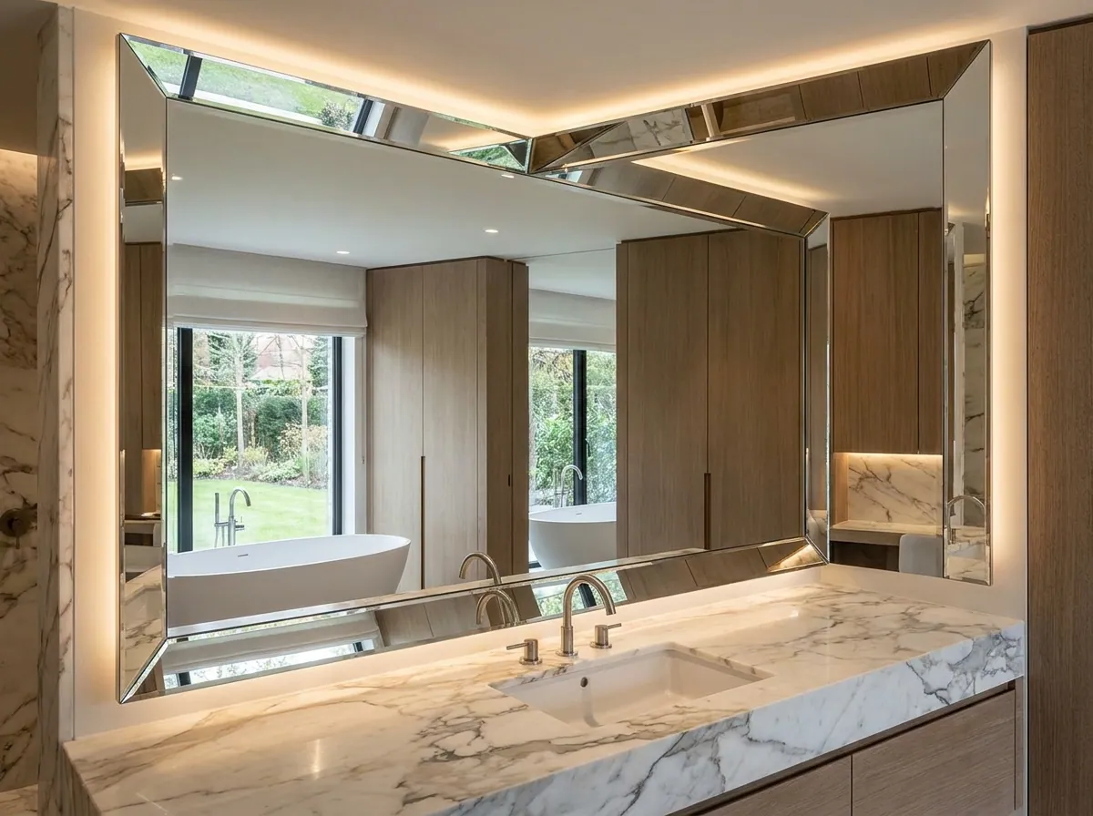 Modern backlit mirror design in a marble bathroom